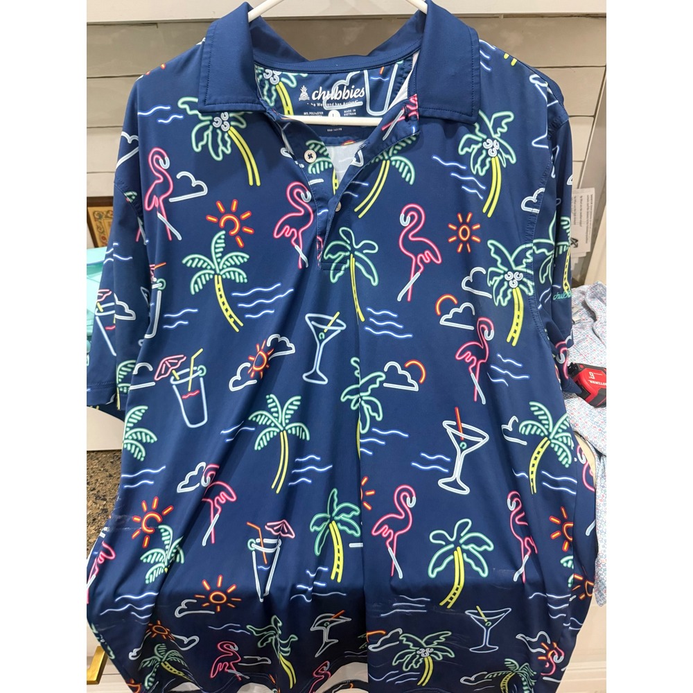 Chubbies Mens‎ Neon Flamingo Palm Tree Golf Polo Shirt Navy Blue Large L